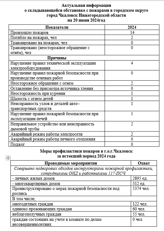 Актуальная информация о складывающейся обстановке с пожарами в городском округе  город Чкаловск Нижегородской области на 20 июня 2024год